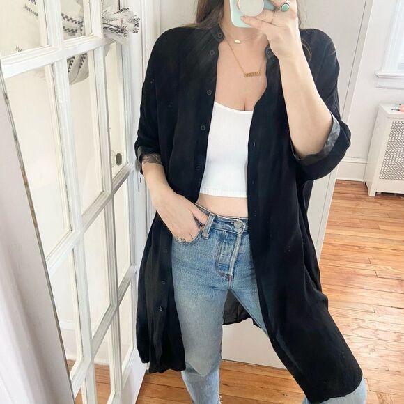 & Other Stories Sheer Short Sleeve Leather Trim Button Down Size Small - Picture 1 of 10